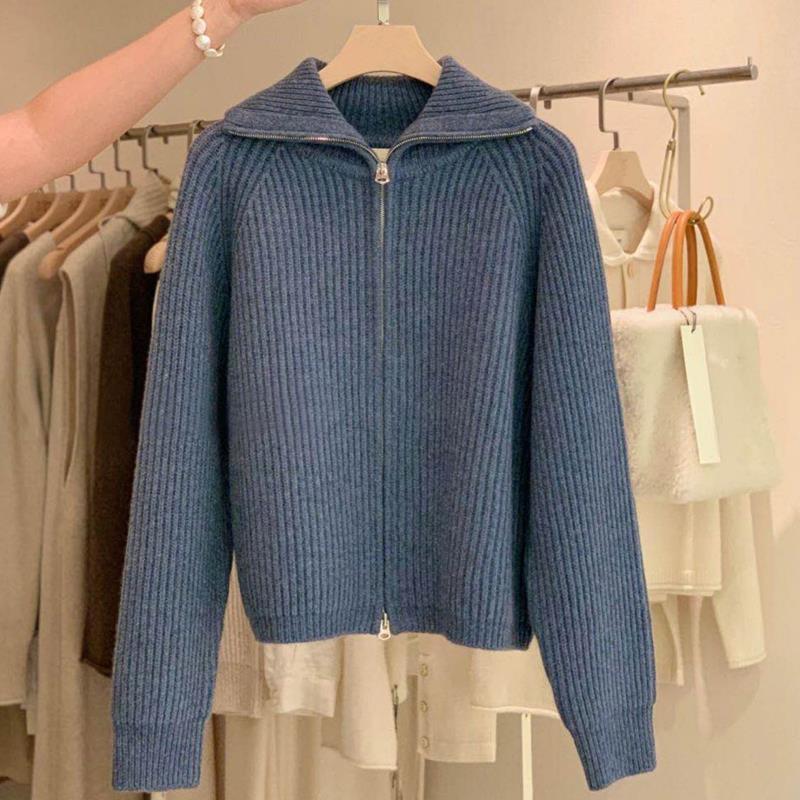 Gestrickte Strickjacke für Damen, Herbst und Winter, hoher Kragen, vertikaler Streifen, solide Langarm-Revers-Oberbekleidung, Pullover, Strickjacke One Size blau