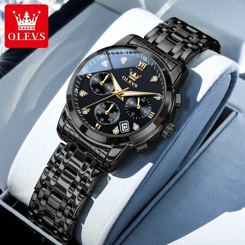 OLEVS Damenuhr Original Elegant Multifunktion Quarz Armbanduhr Wasserdicht Edelstahl Damenuhren Geschenke schwarz