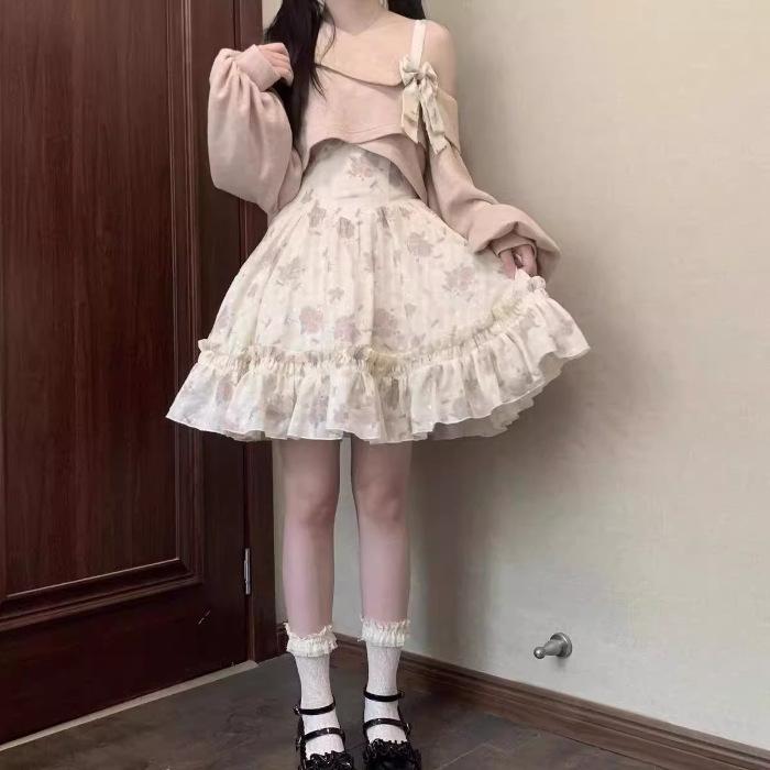 Süßes Lolita-Stil 2-teiliges Kleider-Set Damen Rosa Schleife Strickmantel Kawaii Blumen-Minikleid Damen Strandparty-Anzug M rosa
