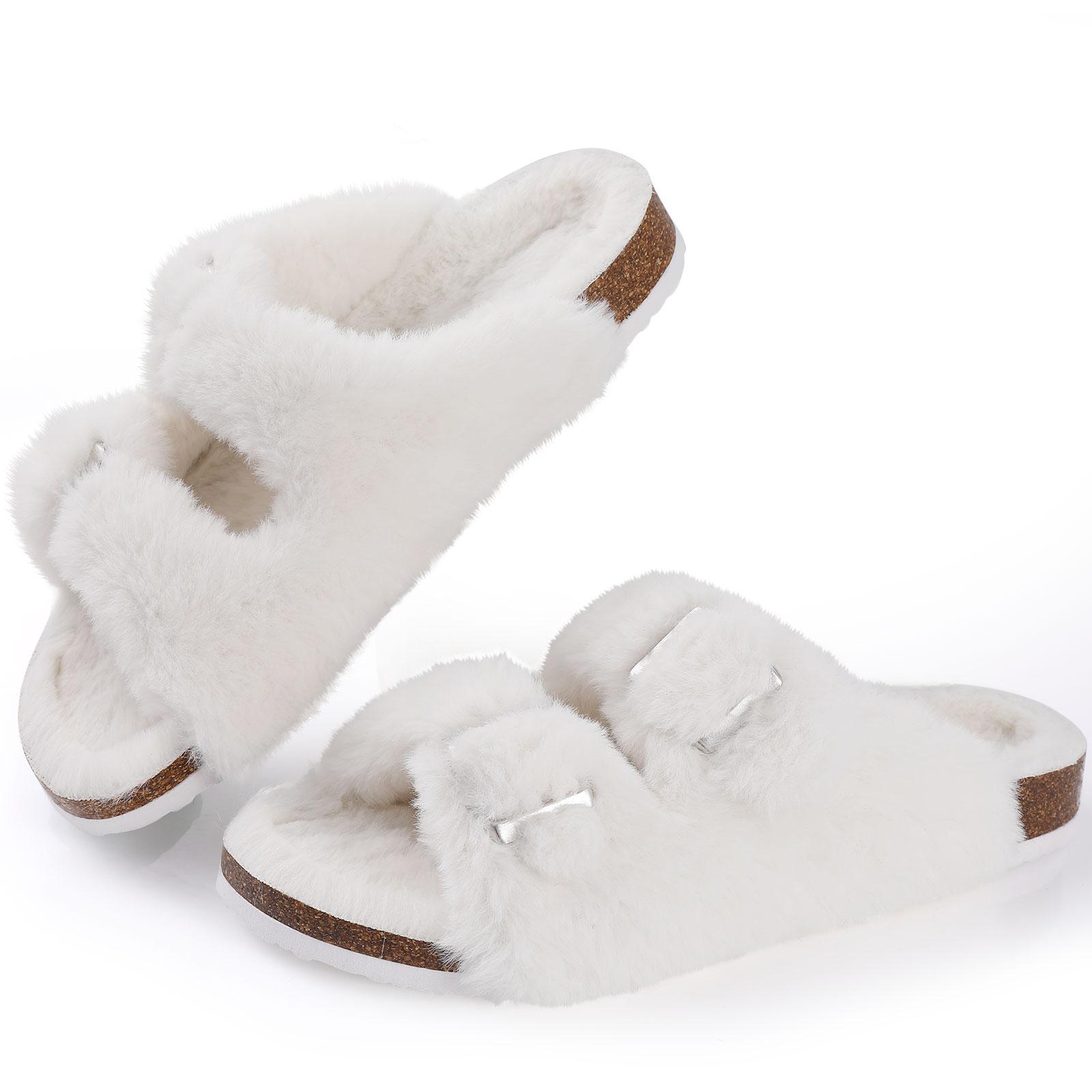 Mode Comwarm Mode Fell Kork Hausschuhe Damen Winter Flauschiges Fell Zuhause Pantoletten Offene Zehen Korkfußbett Fellige Kork Sandalen mit Fußgewölbestütze 40(24.5cm) weiß