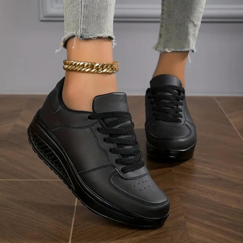Damen-Wedge-Rocker-Sneaker, lässige, höhenvergrößernde Low-Top-Sneaker zum Schnüren, bequeme Plateauschuhe zum Gehen 38 coole schwarze