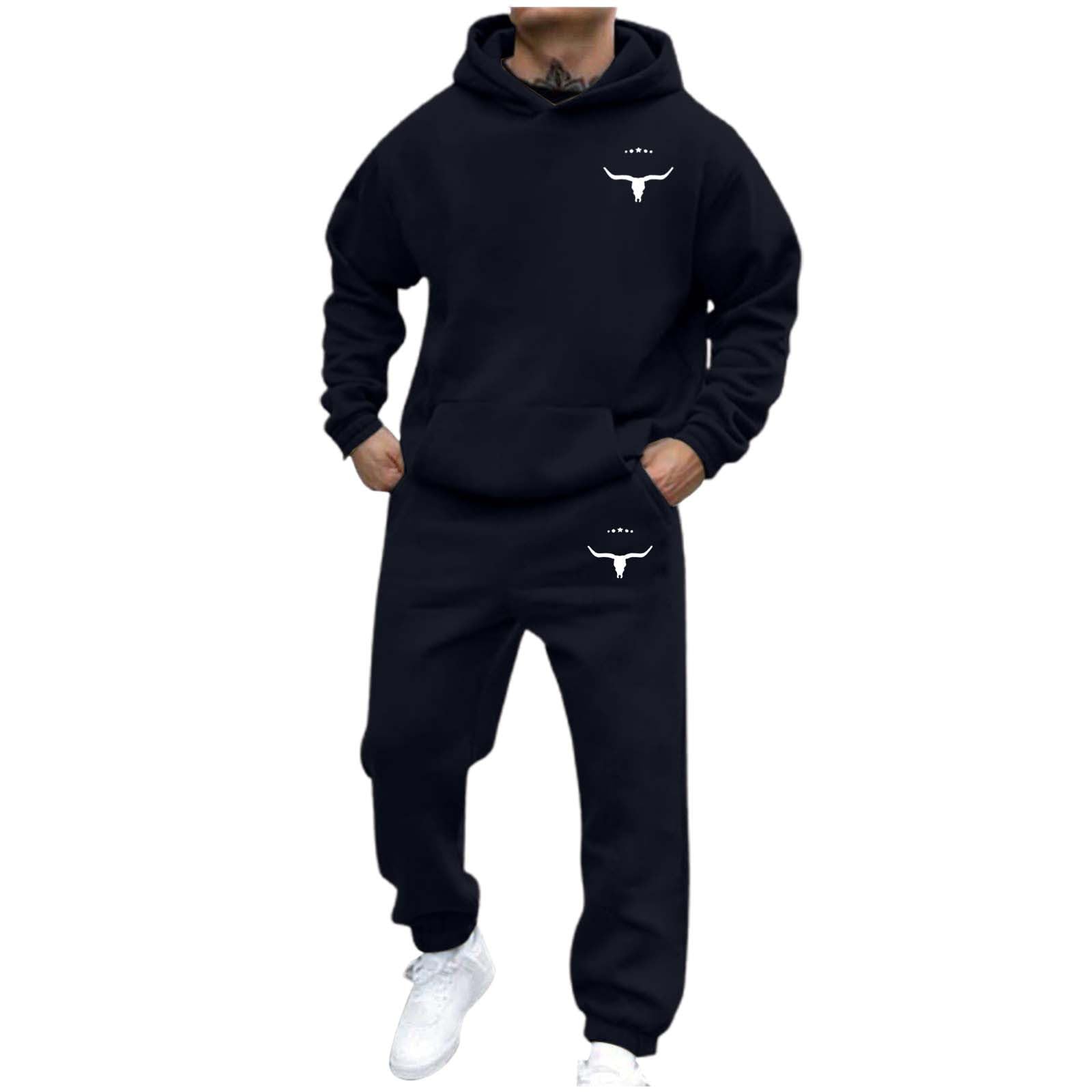 Herren Casual und personalisiert bedrucktes Langarm-Kapuzensweatshirt, Herren Sport-Sweatshirt und Sweatpants zweiteiliges Set XL dunkelblau