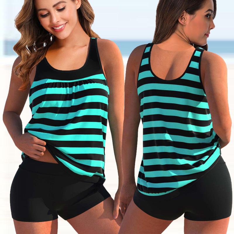 Neue 2023 Frauen Sexy Badeanzug Stripde Gedruckt Schwimmen Tankini Monokini Bademode Badeanzug Zwei Stücke Sommer Beachwear S blau