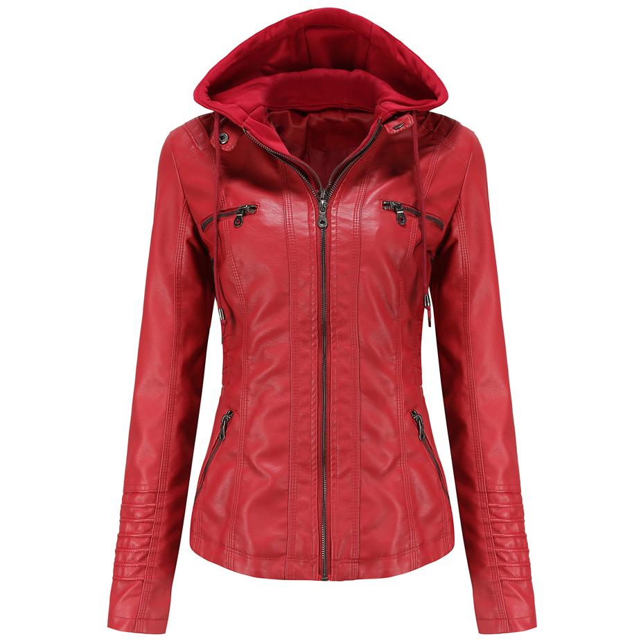 Abnehmbare Kapuzen-Kunstlederjacke für Damen, Motocross-Racer, Biker, Doppelreißverschluss, schmaler PU-Motorrad-Kurzmantel, klassische Bomber-Oberbekleidung, S-4XL M rot