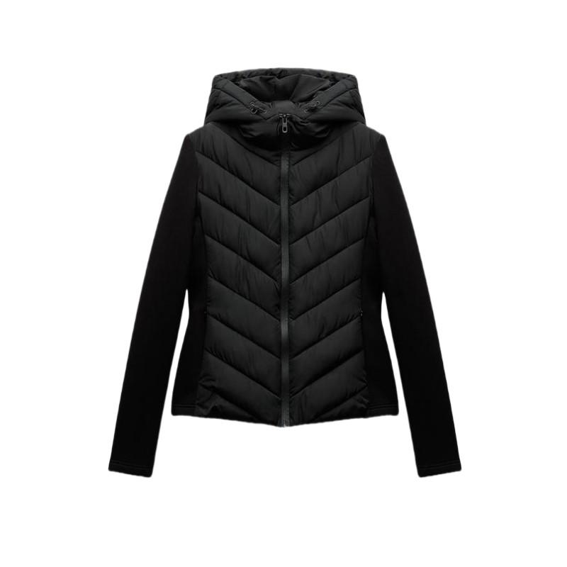 Elegante Damenmode Patchwork Langarm Stehkragen Kapuzen Baumwolljacke Sportmantel L schwarz