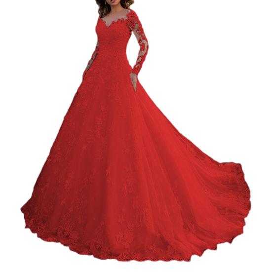 Damen Abendkleid Spitze Blumen bestickt A-Linie Big Swing V-Ausschnitt M rot