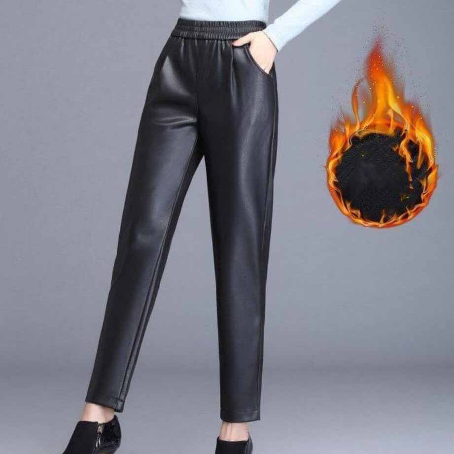 Plus Samt Dicke Hohe Taille PU Leder Hosen Damen Lose Breite Bein Hosen Neun Punkte Harem Hosen Hosen XXL schwarz