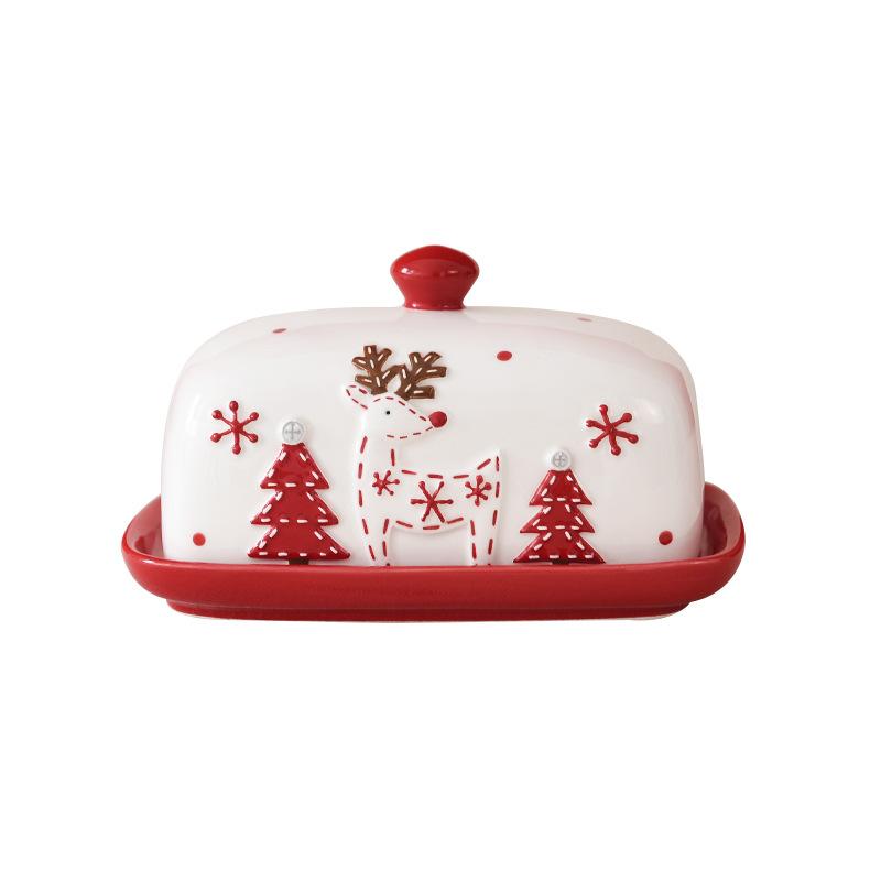Nordische Keramik Butterdose Elch Weihnachtsmann Süßigkeiten Kuchen Desserts Teller Butterteller Weihnachts-Lebensmitteltablett Käseplatte Geschirr white