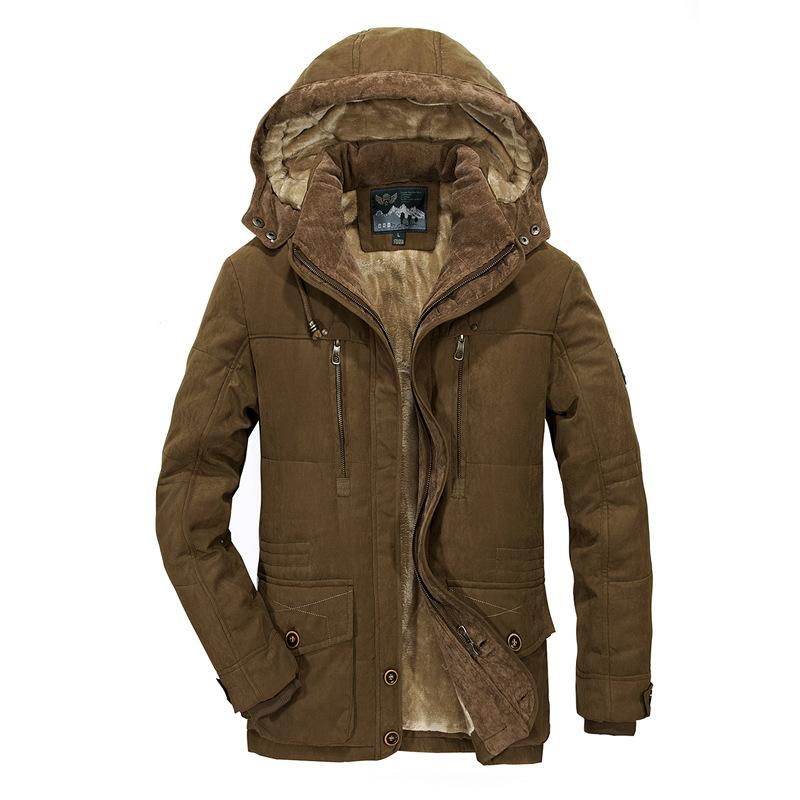 Gute Qualität Wintermäntel für Herren mit mehreren Taschen, Cargo-Jacken, lange Wintermäntel, Daunenjacken mit Kapuze, lässige warme Parkas, Größe 7XL 6XL kaffeebraun