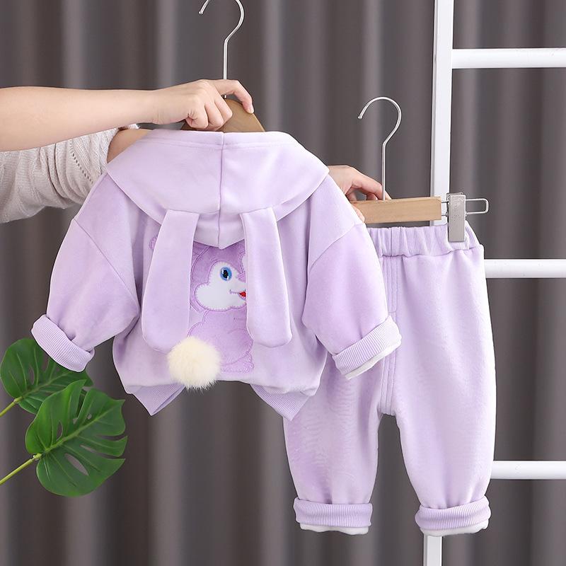 Kinderanzüge Niedliche Baby Mädchen Fleece Warme Kapuzenhosen Sets Kinder Hasenohren Dicke Sweatshirts Anzüge 2024 Neu Frühling Herbst 130 violett