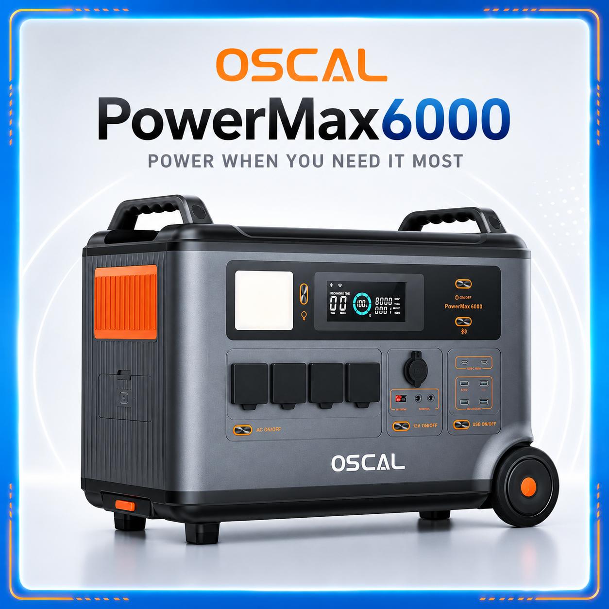 Oscal PowerMax6000 Powerstation, 3600Wh LiFePO4-Akku, 14 Steckdosen, Dual-Spannungsausgang, APP-Steuerung, Bessere Mobilität & BMS Oscal PowerMax6000-YY
