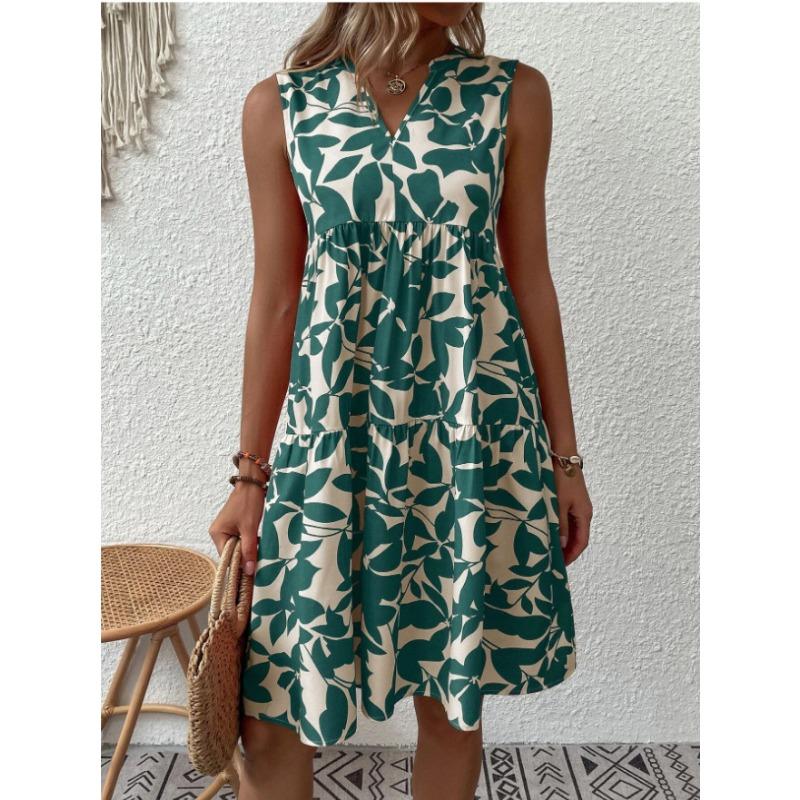 Sommer Damen Kleid Bohemian Fashion Locker V-Ausschnitt Plissee Bedruckte Kleider S grün