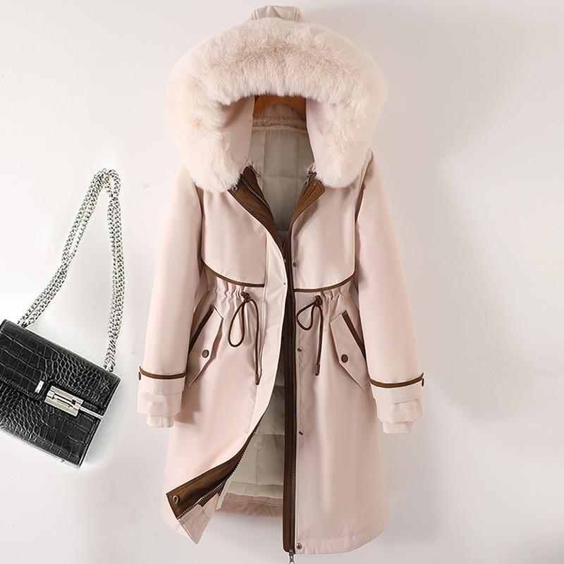 Faux Pelz Kragen Lange Jacken für Frauen Winter Neue Liner Abnehmbare Weibliche Gepolsterte Mantel Winter Koreanischen Stil Parkas Mit Kapuze L beige