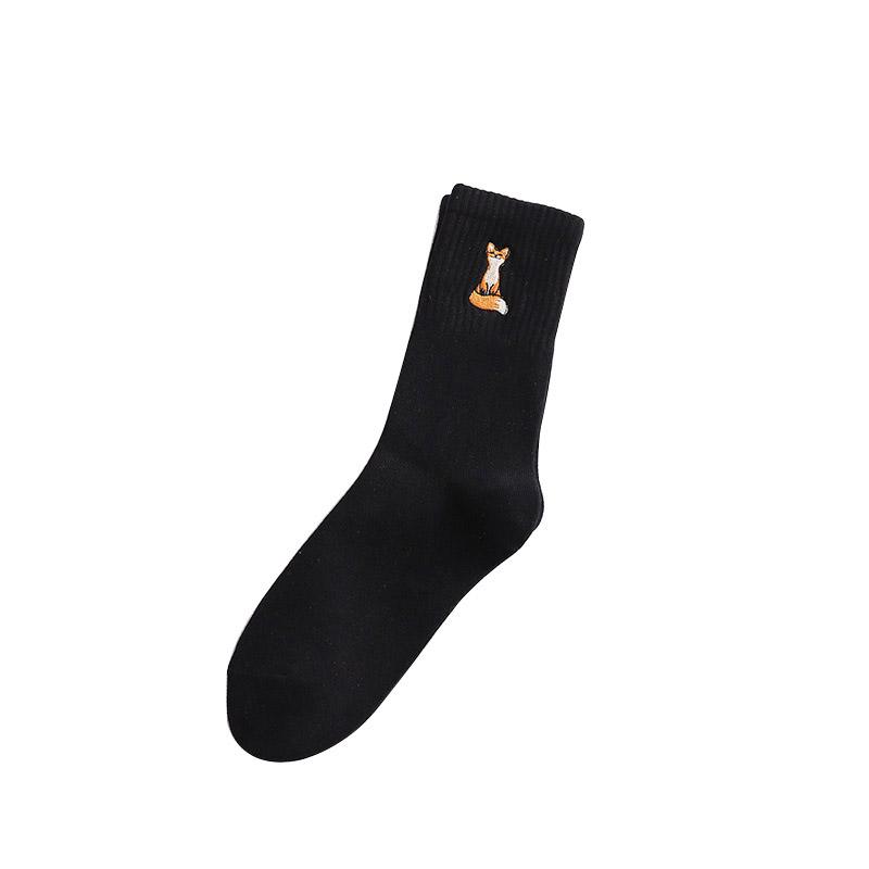 Nette Fox Stickerei Dicken Mittelrohr Socken Baumwolle Atmungsaktiv Einfarbig Frauen Socken Herbst Winter Cartoon Socken Sokken Mädchen schwarz