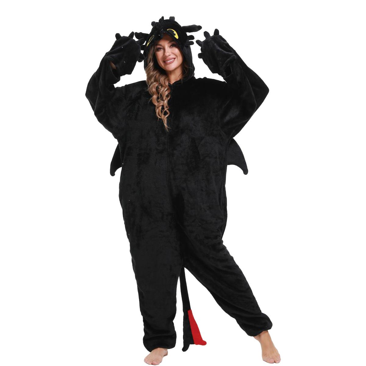 Kigurumi-Einteiler, Cartoon-Schlafanzug für Erwachsene, Frauen und Männer, Tier-Schlafanzug, Ohnezahnzähmen leicht gemacht, Pyjama, Drachen-Cosplay-Kostüm XL schwarz