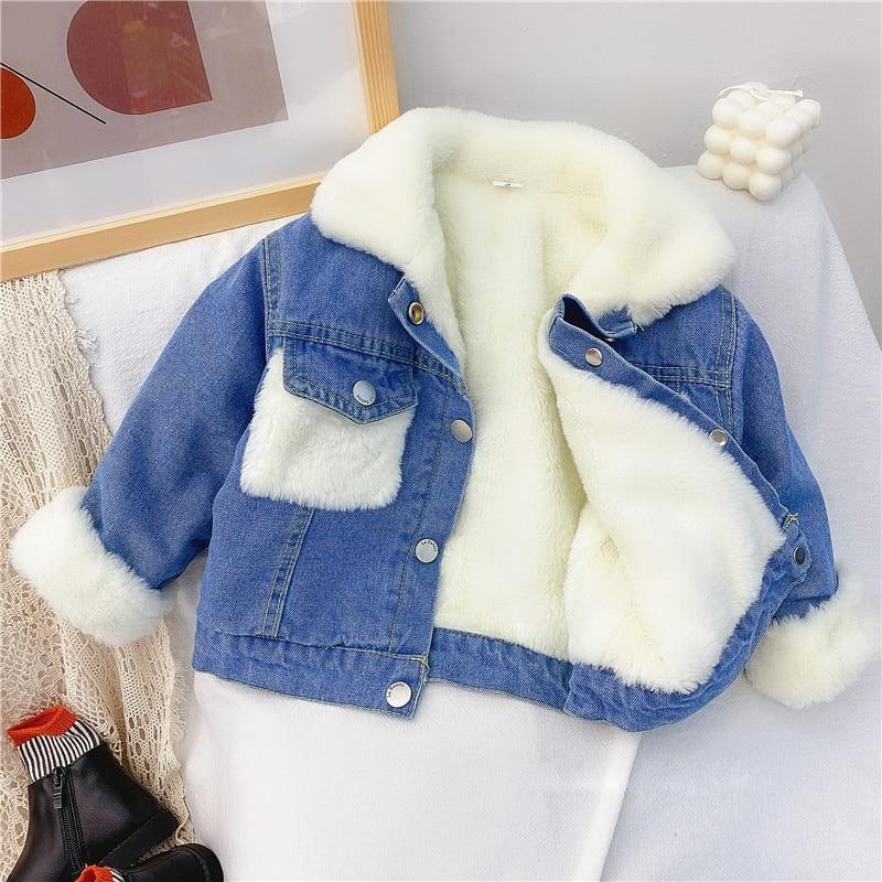 2-6 jahre OId Dicke Warme Kinder Jungen Mädchen Denim Mantel Samt Pelz Jacken Oberbekleidung 2021 Neue Herbst Winter kinder Mantel 110 blau
