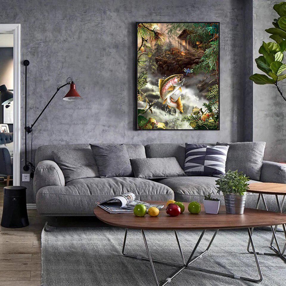 Diamant-Stickerei-Gemälde, Fische fangen Libelle, Gemälde, Kreuzstich, Strass-Diamant 20X30CM