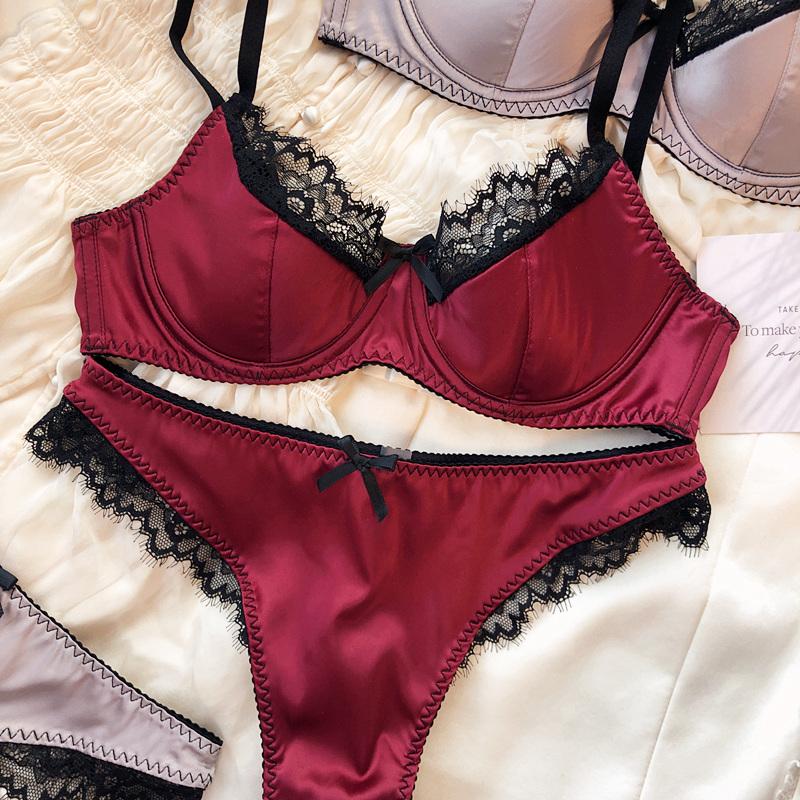 Französisches Dünnschalen-Dessous-Set Sexy Spitze Push-up-BH Mode Damen Seidenstoff Unterwäsche Hochwertige Dessous BHs und Slips M bordeaux