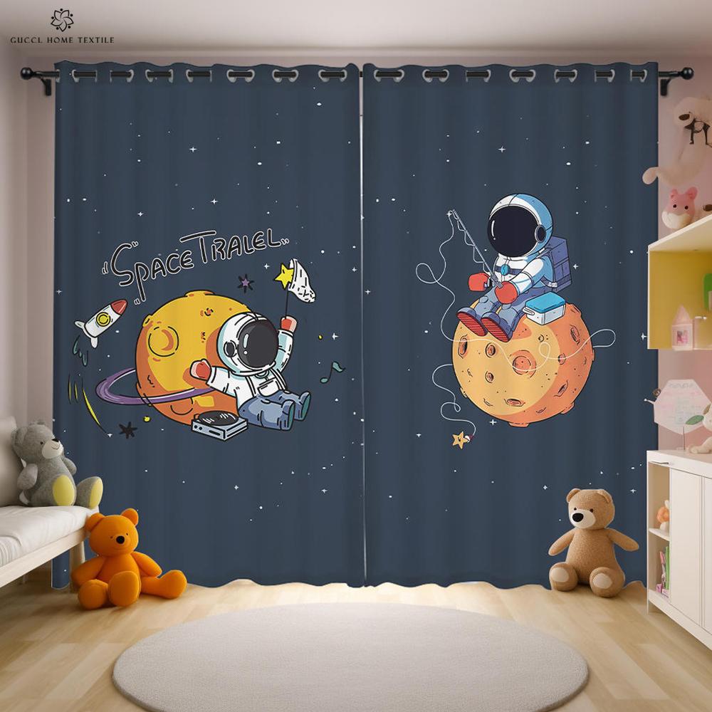 Cartoon Weltraum Astronaut Vorhänge 2-teiliges Puzzle Kreativ bedruckte Vorhänge Kinderzimmer Küche Arbeitszimmer Dekorative Vorhänge W50xH130(CM)x2PCS&Grommet Top gray
