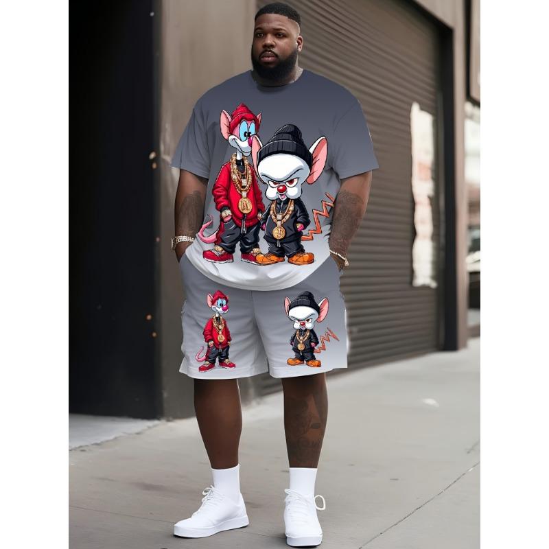 Herren Hip Hop Cartoon Charakter Bedrucktes Kurzarm Set mit Grau und Weiß Farbverlauf Design für Sommerkleidung 5XL