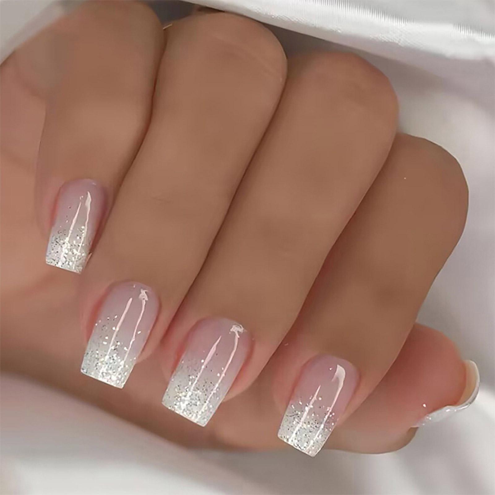 24 Stück kurze, quadratische künstliche Nägel mit Farbverlauf, vollständige Abdeckung, zum Aufkleben, glitzernde künstliche Nägel, French Tip, zum Aufdrücken von Nägeln