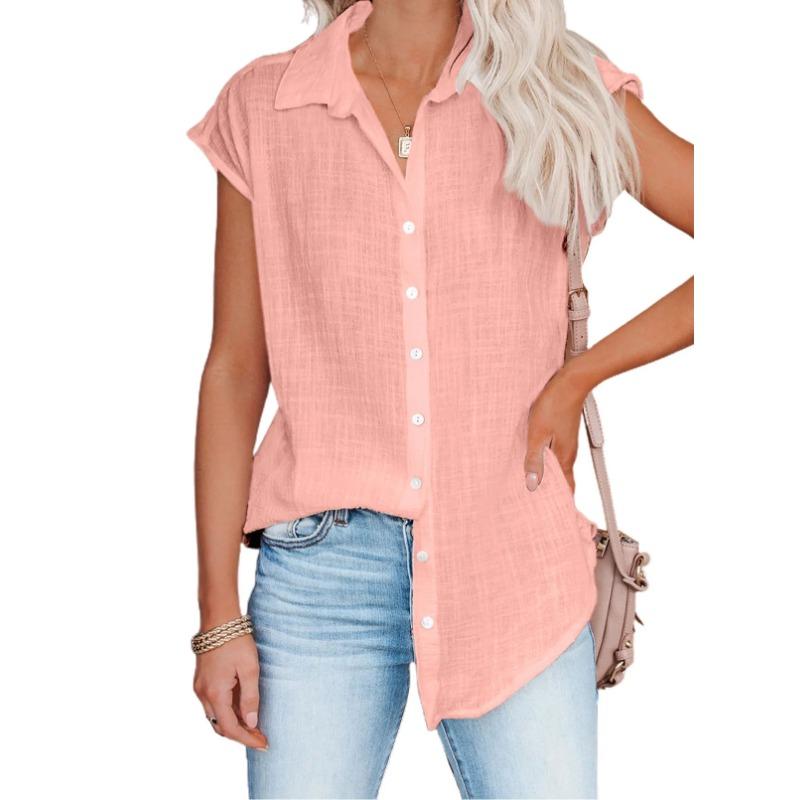Sommer Ärmellos Einfarbig Locker Bluse Hemden Lässig Damen Umlegekragen Knopf Bluse Tops 4XL rosa