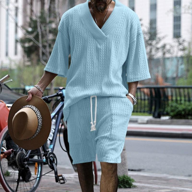 Sommer Casual Shorts Set Gestrickte Zweiteilige Herrenbekleidung V-Ausschnitt Kurzarm T-Shirt und Shorts Streetwear Strick-Outfits M blau