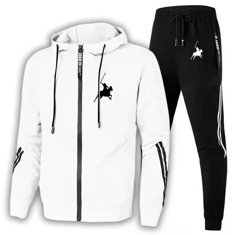 Männer Casual Zipper Hoodie Anzüge Luxus Druck Outdoor Fitness Jogging Sport Anzug Männer Casual Tuch Sweatpant Sets Trainingsanzug L weiß