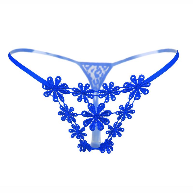 Damen Dessous Stickerei G String aushöhlen Tanga Unterwäsche Femal T-Back Sexy Low-Waist Höschen KL65 one size blau