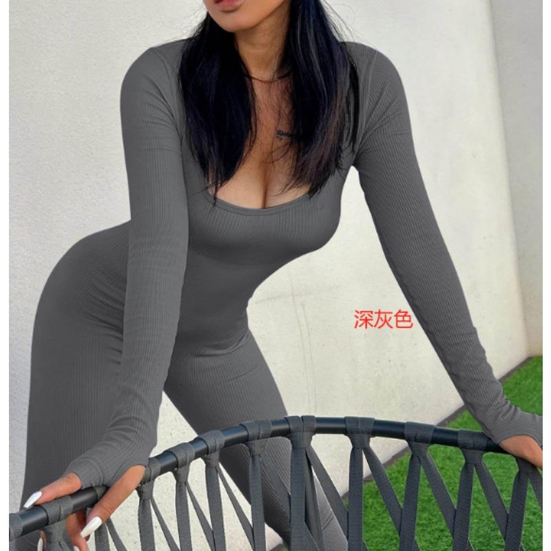 Damen Onesie Yoga Jumpsuit Workout Gerippte Langarmhose Sport Jumpsuit 2XL dunkelgraue