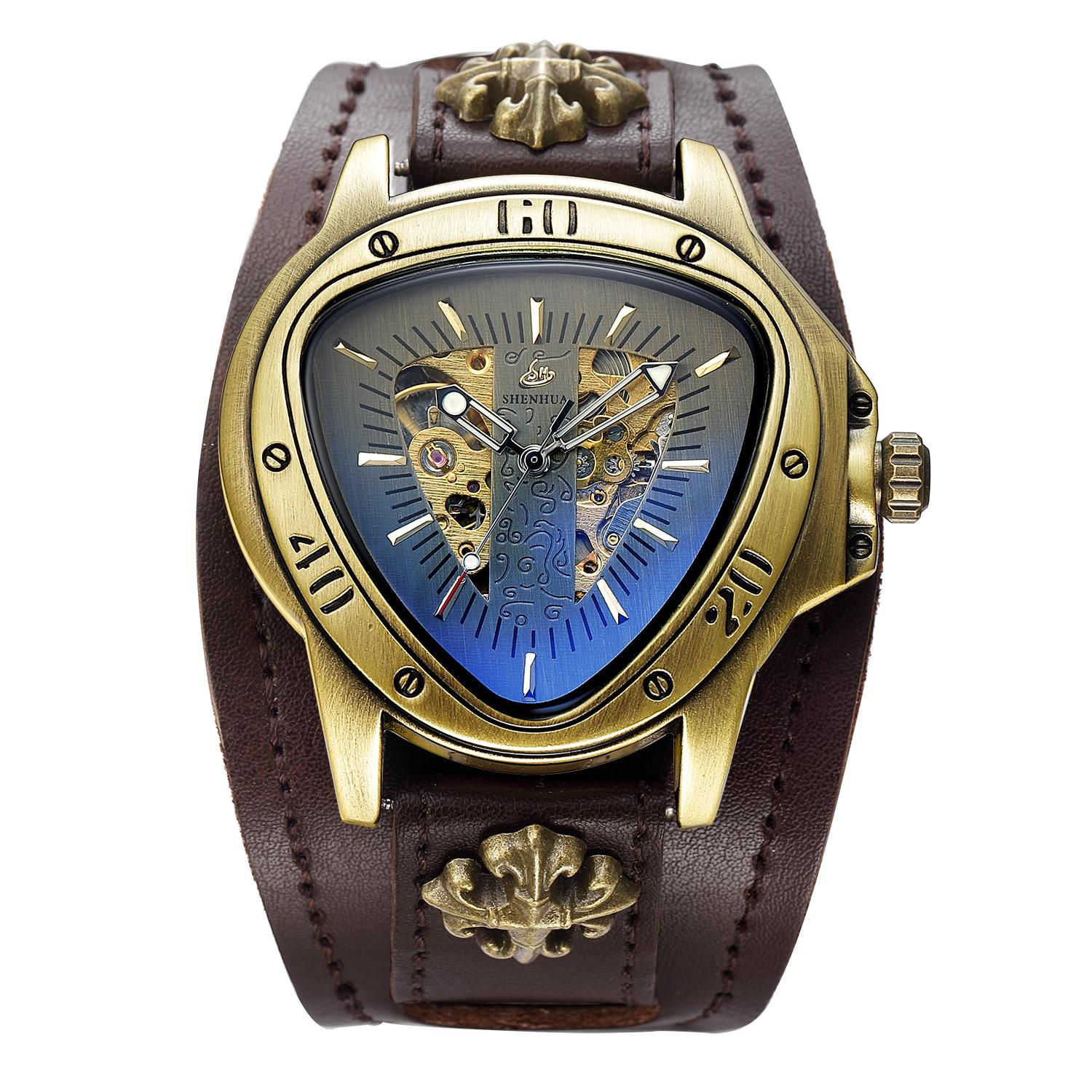 Neue personalisierte Mode Dreieck Hohl Herren Mechanische Uhr Nachtlicht Freizeit Retro Vollautomatische Mechanische Uhr beige