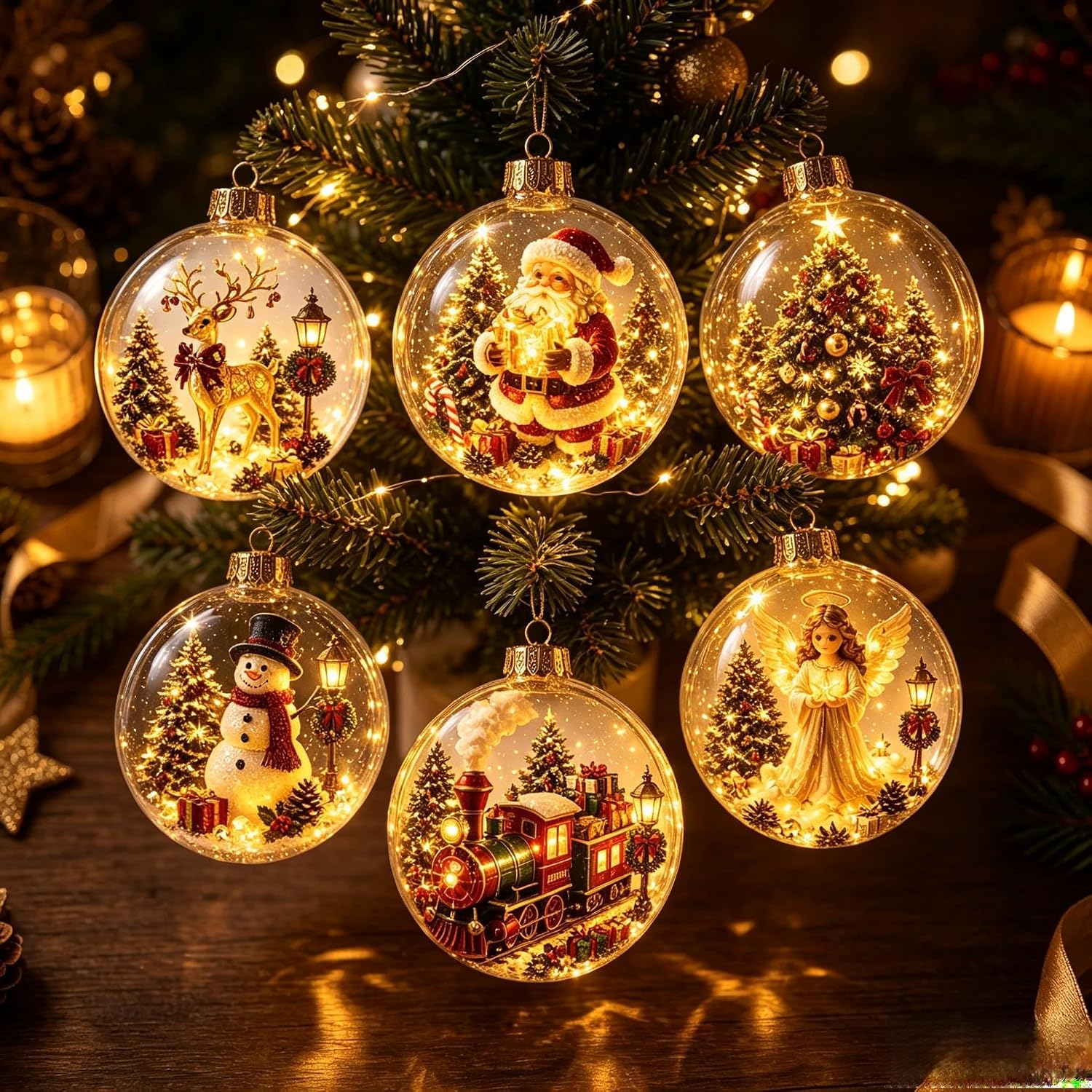 Leuchtendes Weihnachtsgeschichte-Ornament, Mini-Weihnachtsszene mit warmem LED-Licht, Festliches Andenken-Geschenk für die Weihnachtsdekoration zu Hause 6 Pack brown