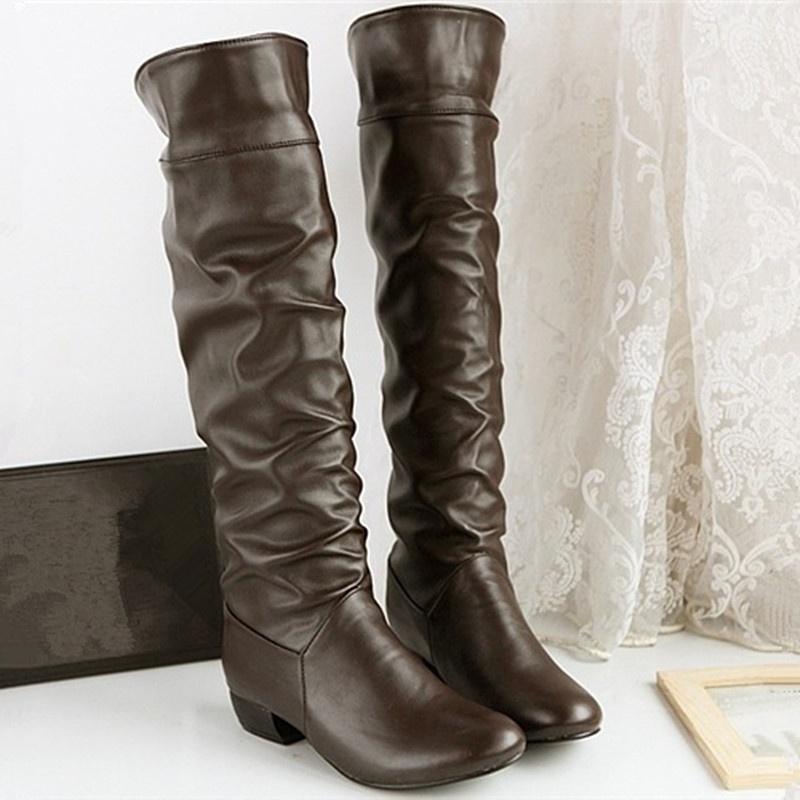 3 Farben Damenmode Kniehohe Stiefel Vintage Britische PU-Lederschuhe Frau Niedriger Absatz Damen Retro Schnalle Lange Stiefel Schuhe 43 braun