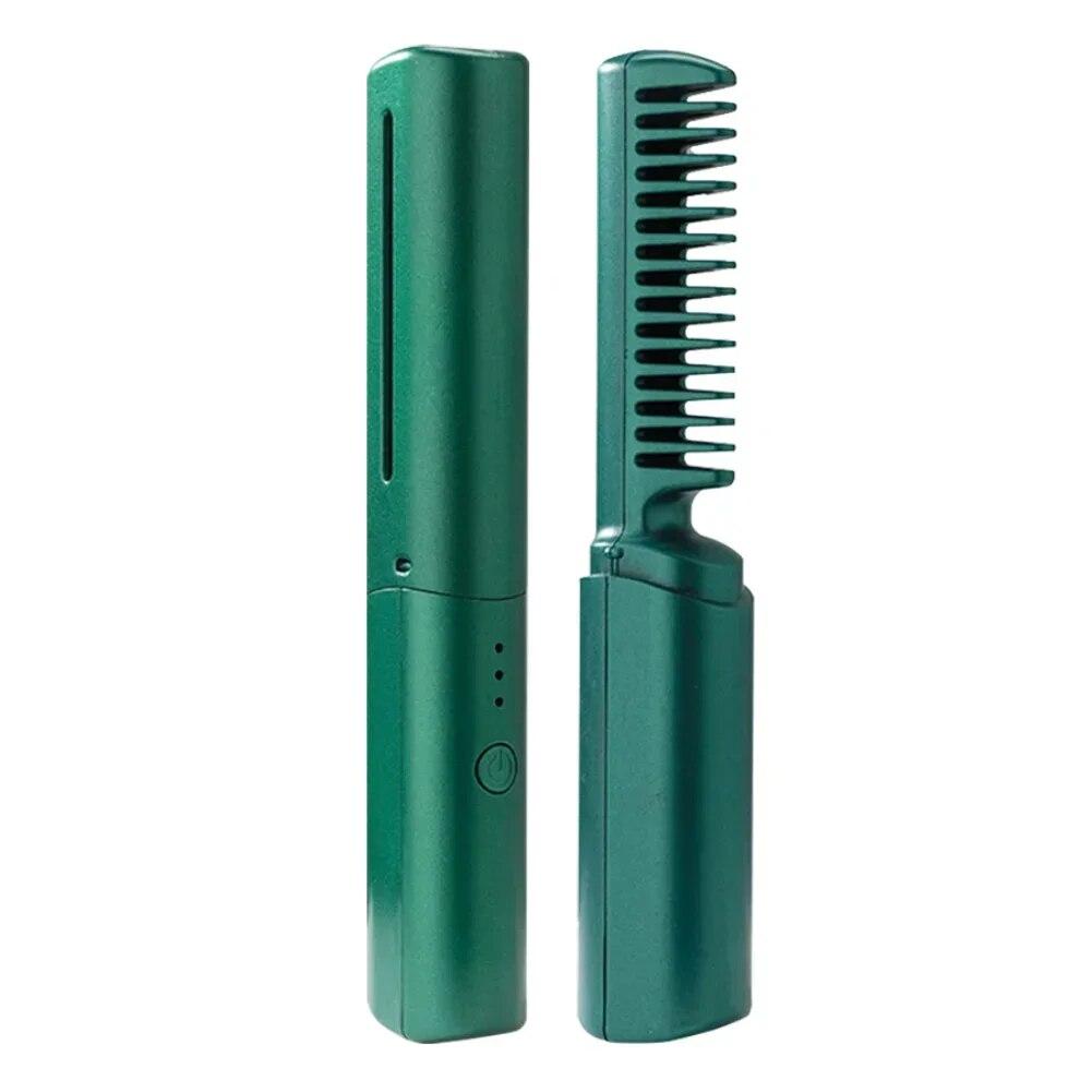 2-in-1-Haarglätter mit heißem Kamm, tragbarer Mini-Haarglätter mit USB-Aufladung, schnelles Aufheizen, Haar-Styling-Tools grün