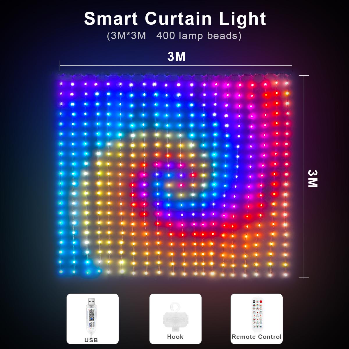 USB LED Vorhang Lichterkette Smart Bluetooth App Steuerung RGBIC Außen Lichterkette Weihnachtslicht Weihnachtsgirlande Deko DIY Muster 3M X 3M