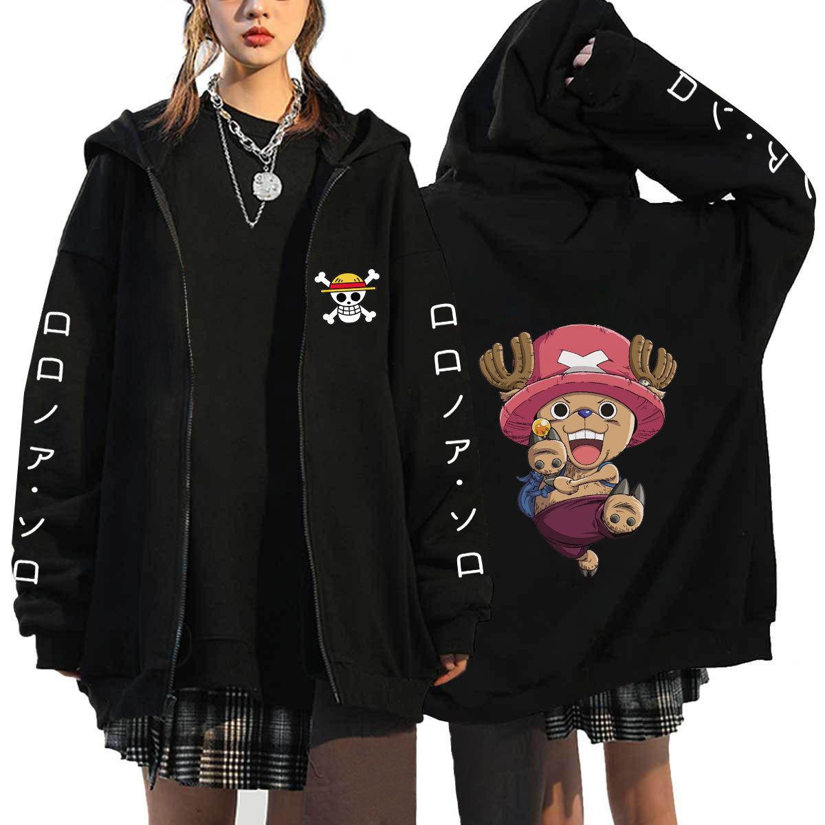 ONE PIECE Japanischer Anime Luffy Chopper Reißverschluss-Hoodies Sweatshirts Damen Herren Cartoon Jacken Sweatshirt Unisex Streetwear Herbstmäntel Oberteile Strickjacke XL schwarz