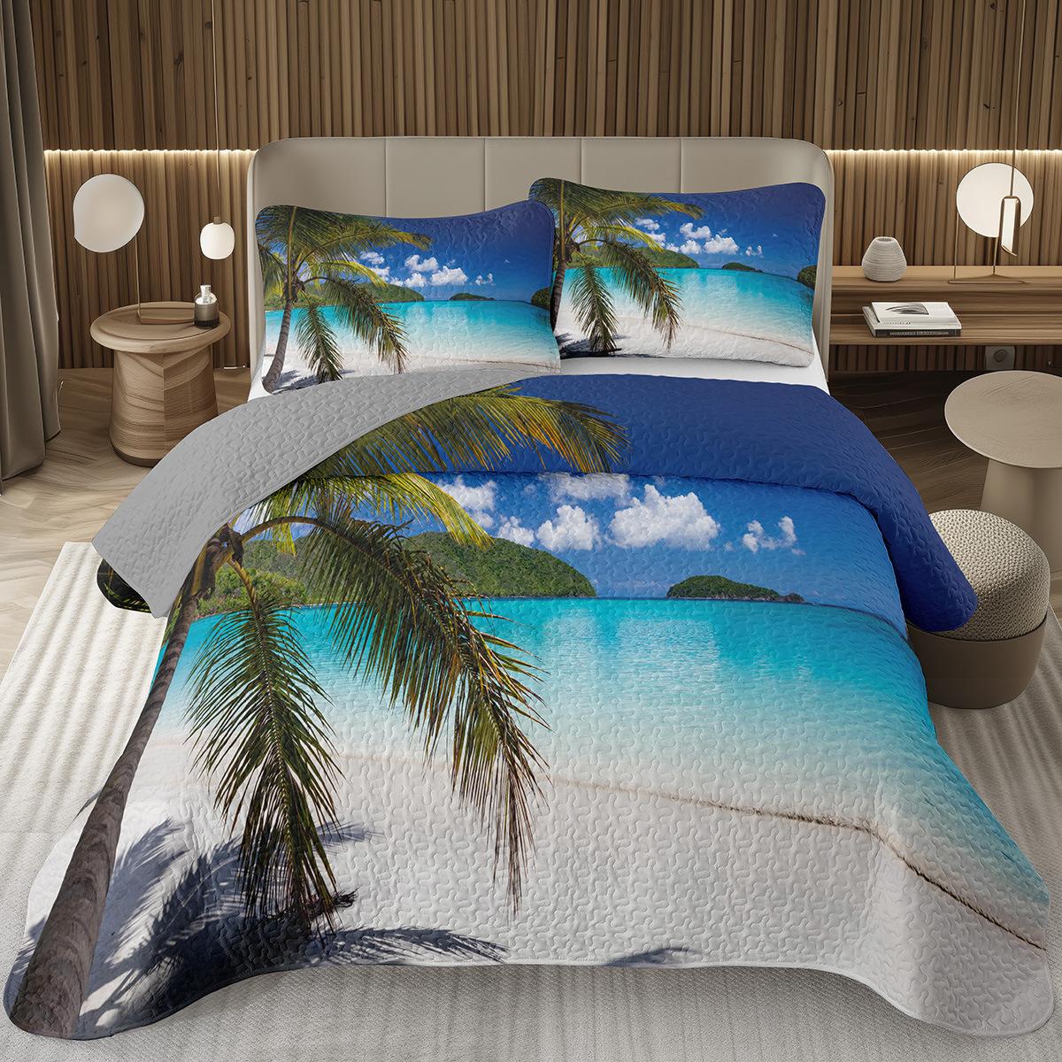 Strand Tagesdecke Tropische Palme Tagesdecke Set, Meer Ozean Quilt Set Twin King Size Küstenlandschaft Küstenthema Bettwäschesets US Queen 228x228cm