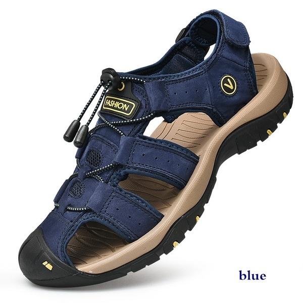Herrenmode Casual Sandalen Outdoor Schuhe Echtes Leder Schuhe Sommer Strand Schuhe Watschuhe Plus Größe 38-48 43 blau
