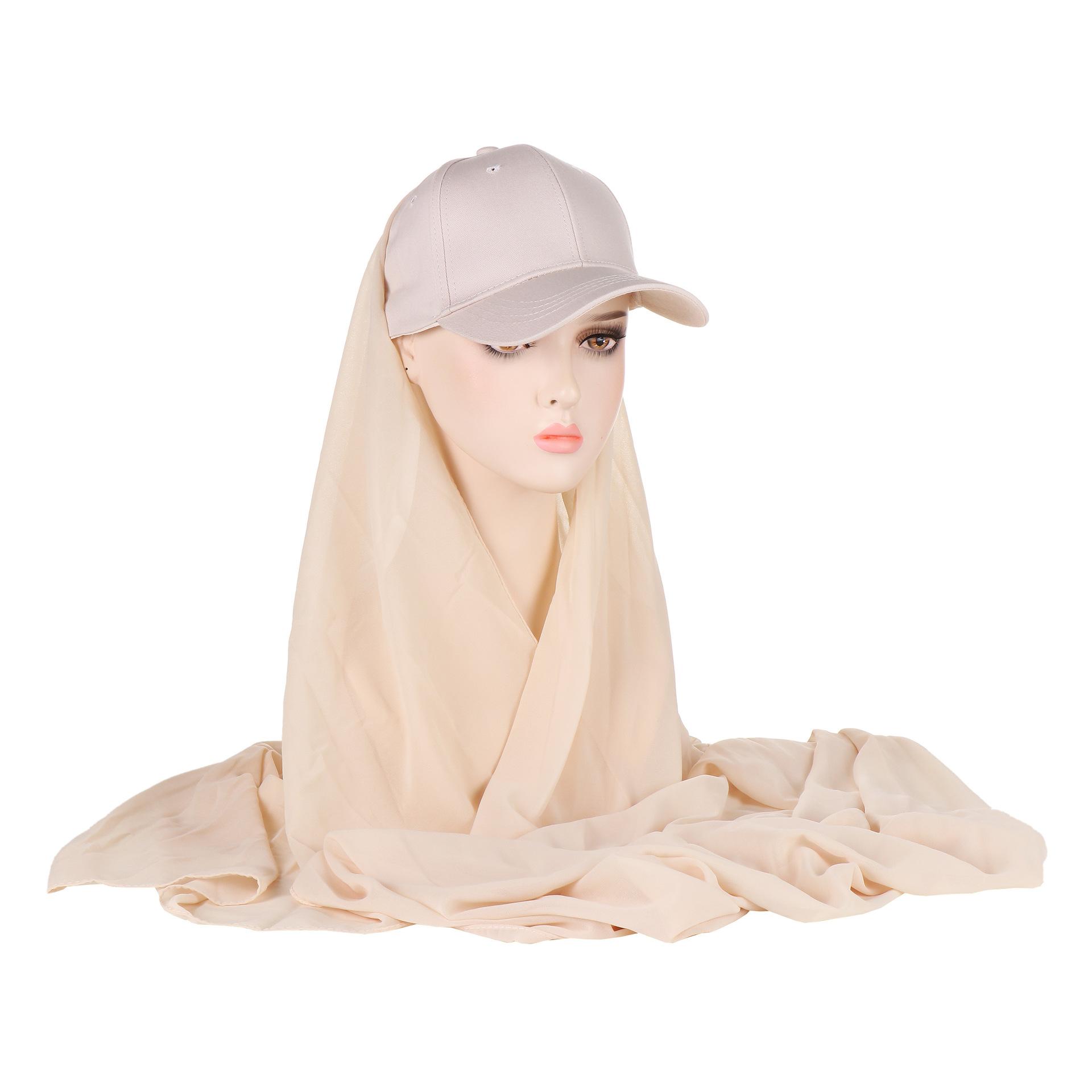 Neue Mode Einfarbig Schal Baumwolle Baseball Kappe Integrierte Schal Hut Moslemisches Hijab apricot