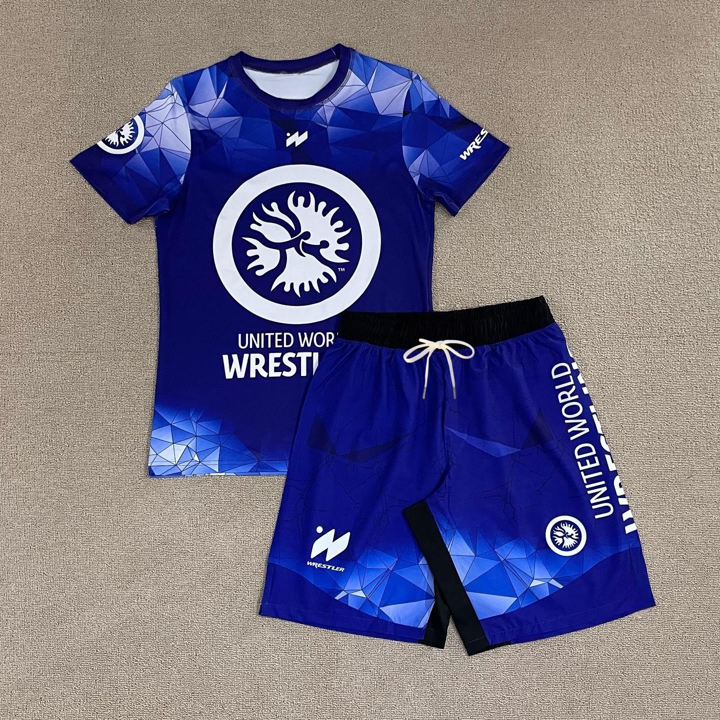 2026 Neues United World Wrestling Sportset Herren Kinder Schwarz Weiß T-Shirt & Shorts Schnelltrocknend MMA Trainingskampfanzug 6XL blue