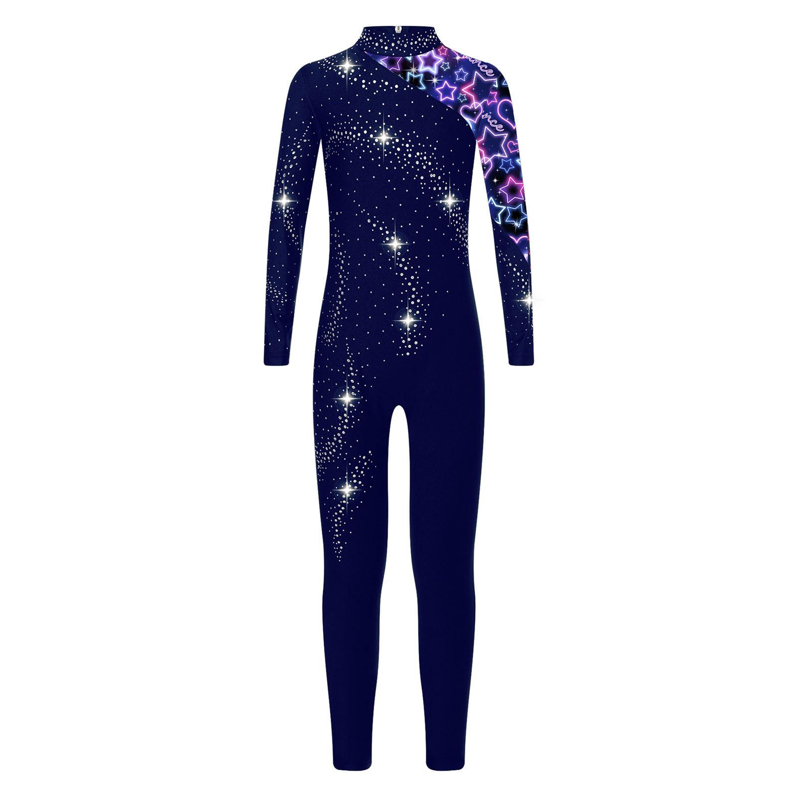 Mädchen Strass Jumpsuit Stehkragen Langarm Bedruckter Turnanzug Glänzendes Design Gymnastik Performance-Bekleidung 7-8 Years navy blau
