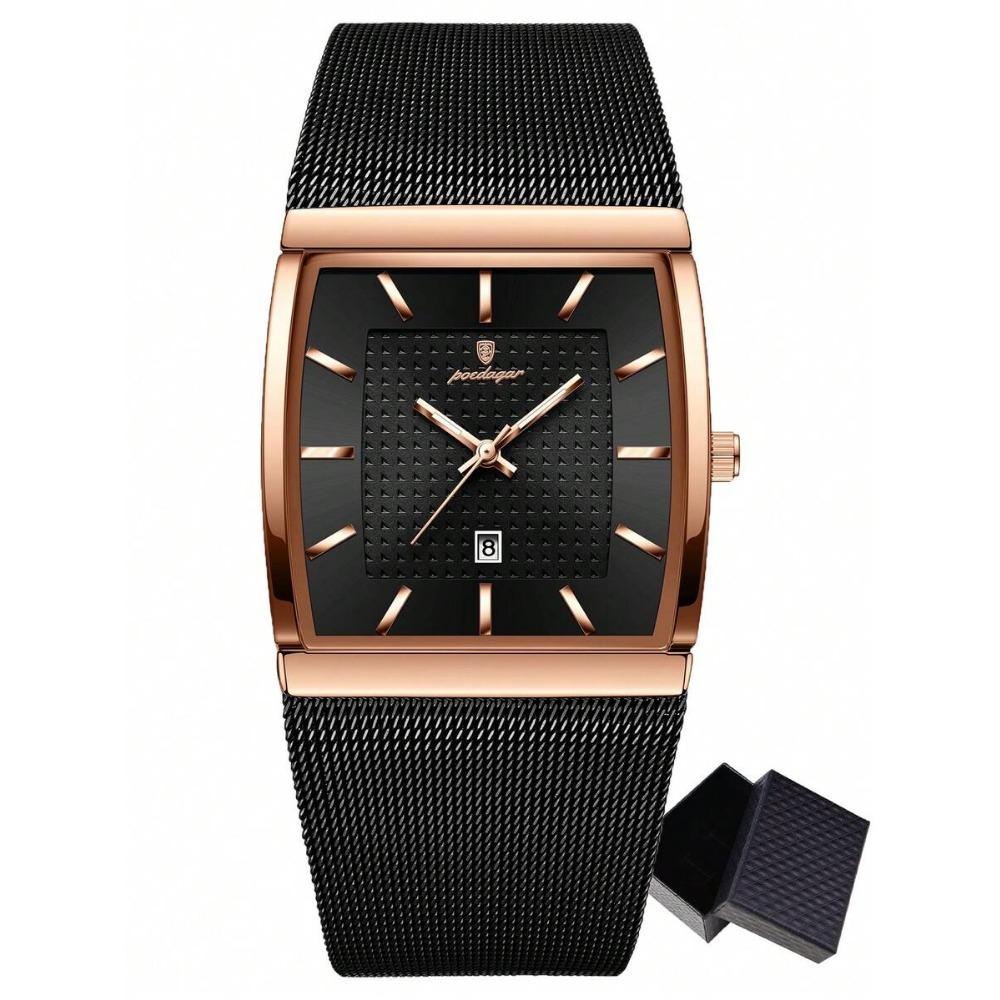 POEDAGAR Lässige Herren-Edelstahl-Netzarmband-Datums-Quarz-Uhr, Rechteckiges Zifferblatt, Business Wasserdichte Leuchtende Herrenuhren schwarz/rose gold