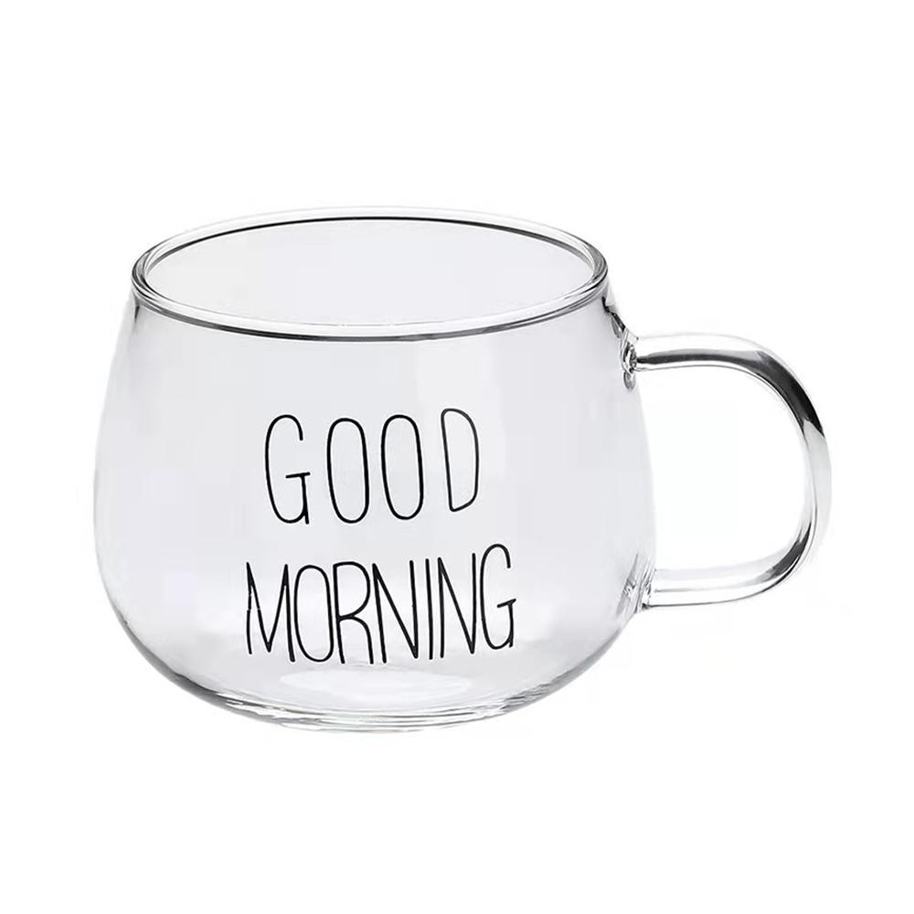 1 Stück Buchstaben bedrucktes transparentes kreatives Glas Kaffee Teebecher Getränke Dessert Frühstück Milchbecher Glasbecher Griff Trinkgeschirr 350ml
