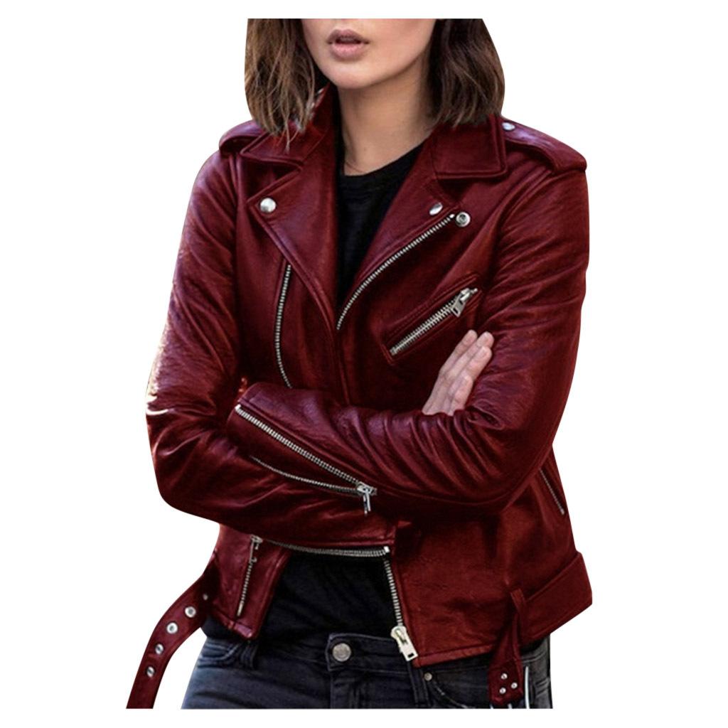 Neue Motorrad-Lederjacke Frühling und Herbst Damen-Lederjacke Damen Kurze, schlanke Lederjacke M wein rot
