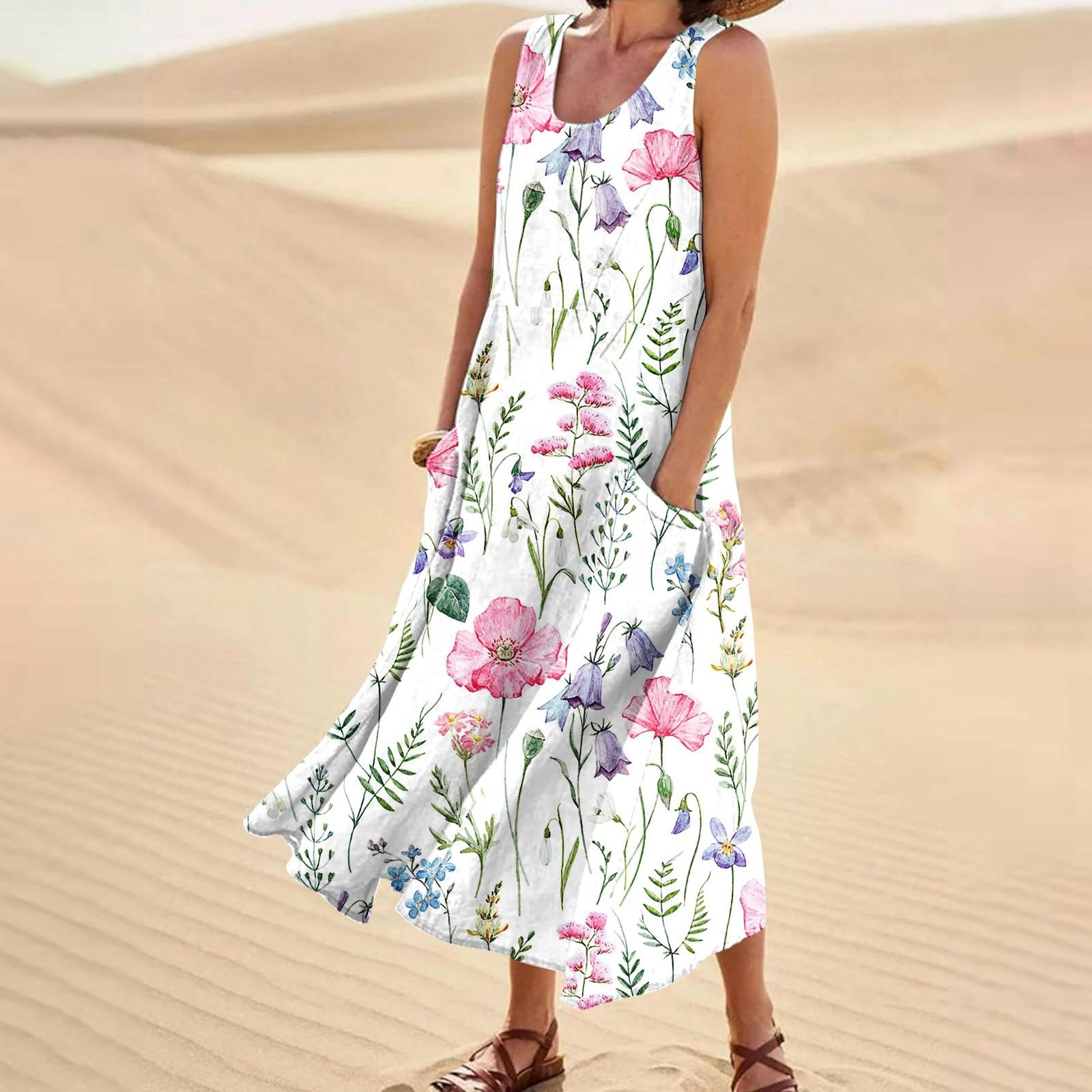 Kleid für Damen, Frühling, Sommer, Boho, lässige Mode, ärmelloses Kleid für den Urlaub, große Größe XXL rosa
