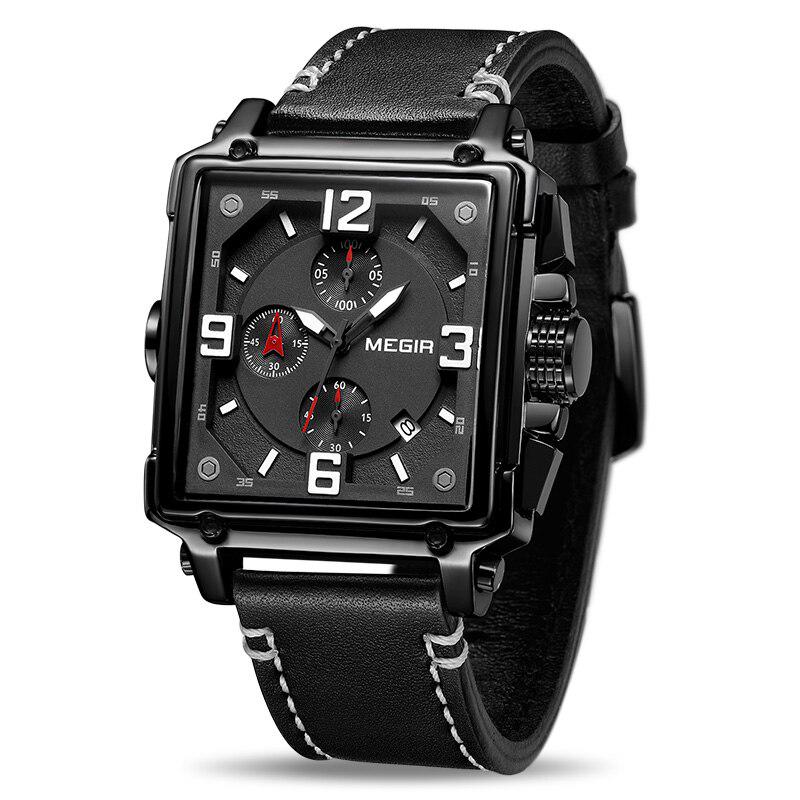 MEGIR Kreative Männer Uhr Top Marke Luxus Chronograph Quarz Uhren Uhr Männer Leder Sport Army Military Armbanduhren Saat schwarz