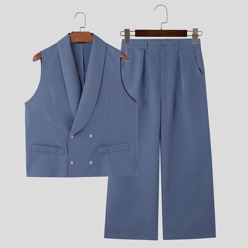 INCERUN Zweiteiliger Anzug Herren V-Ausschnitt Ärmellose Weste Weste Lange Anzug Hosen Lässige Outfits Sets 4XL blau