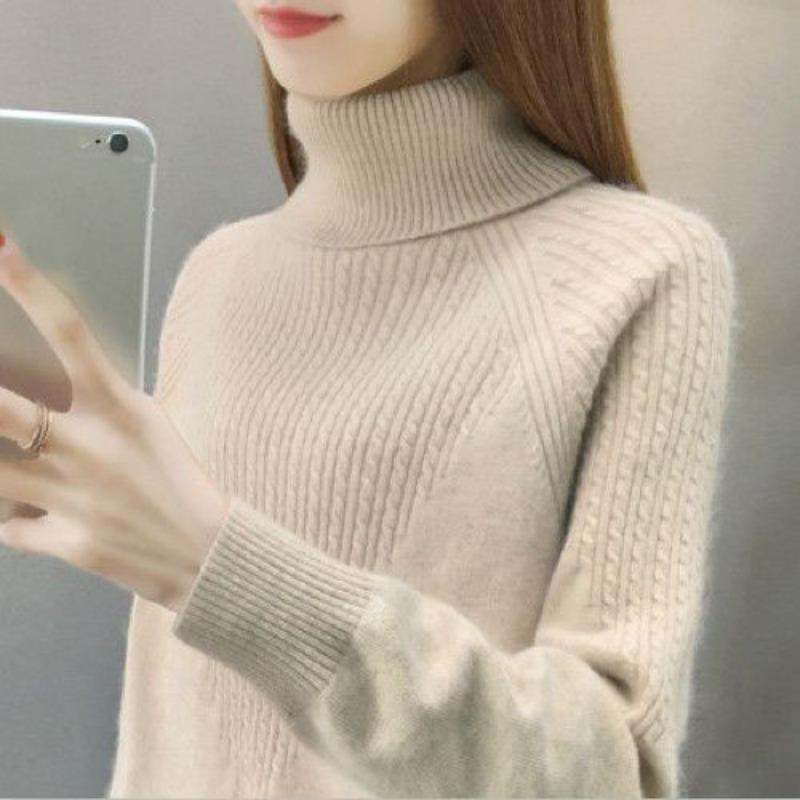 High Neck Pullover Pullover Frauen 2023 Lose Herbst/Winter Frauen Unterlage Langarm Solide Strick Pullover Pullover Weibliche One Size beige