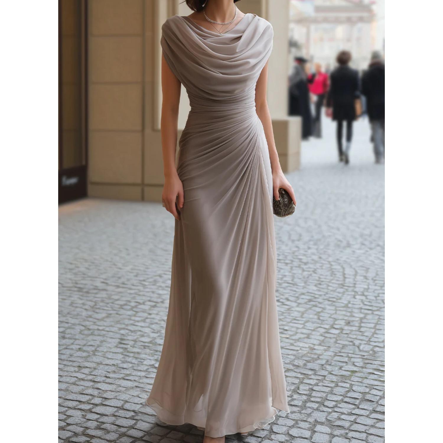 Damen-Maxikleid mit Schalkragen, ärmellos, schmal geschnitten, elegant, gerafft, formelles Abendkleid 4XL khaki