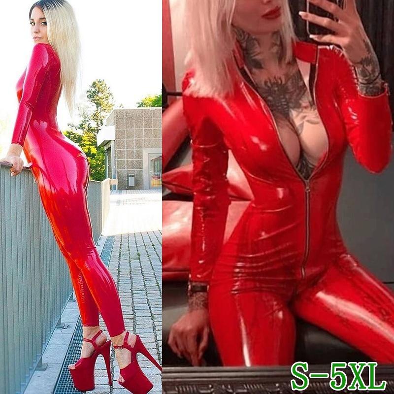 Damen-Catsuit aus modischem, langärmligem rotem Lackleder, PVC-Latex-Body mit Reißverschluss vorne, offener Schritt, Stretch-Street-Style-Overall in Übergröße 4XL